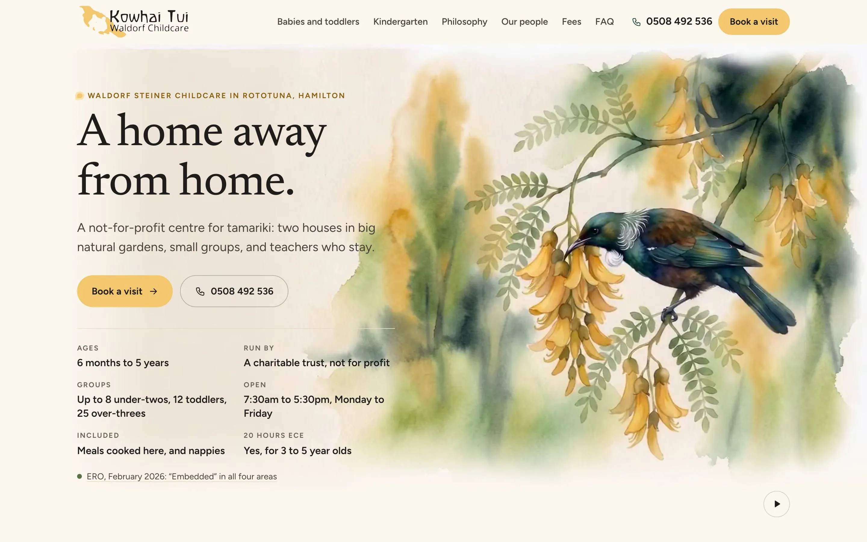 Kowhai Tui's new home page: a watercolour tūī in a kōwhai tree beside the headline A home away from home