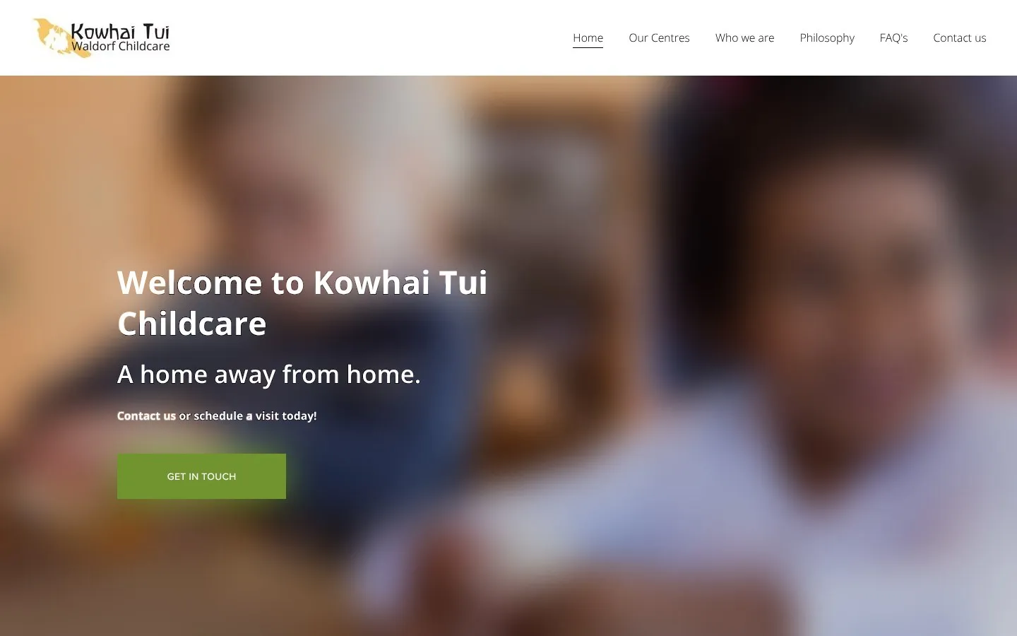Kowhai Tui's old home page: a photo banner with Welcome to Kowhai Tui Childcare and a Get in touch button